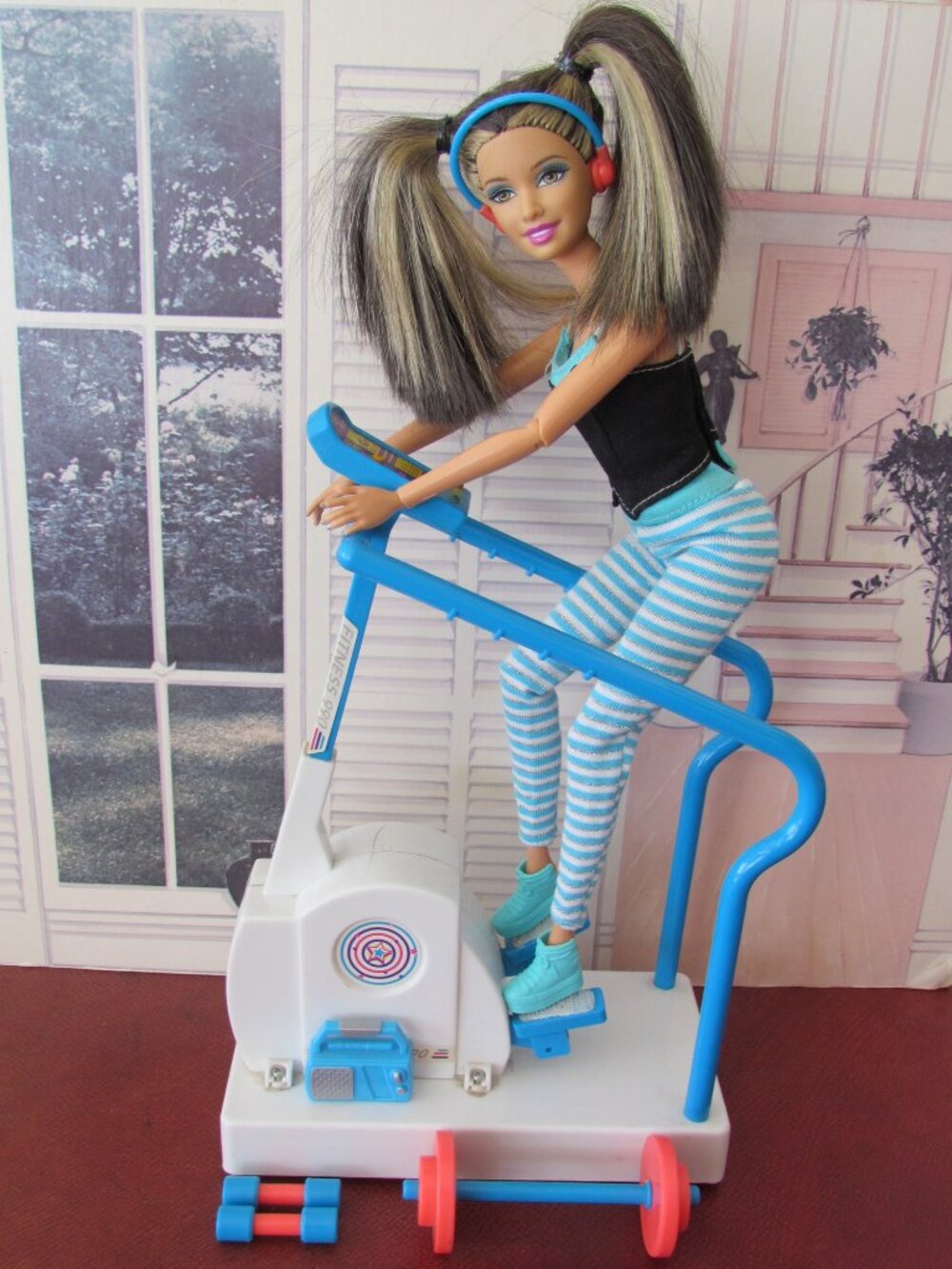 BARBIE GYM EXERCISE MACHINE, CROSS-TRAINER, TREADMILL + WEIGHTS HEADPHONES RADIO